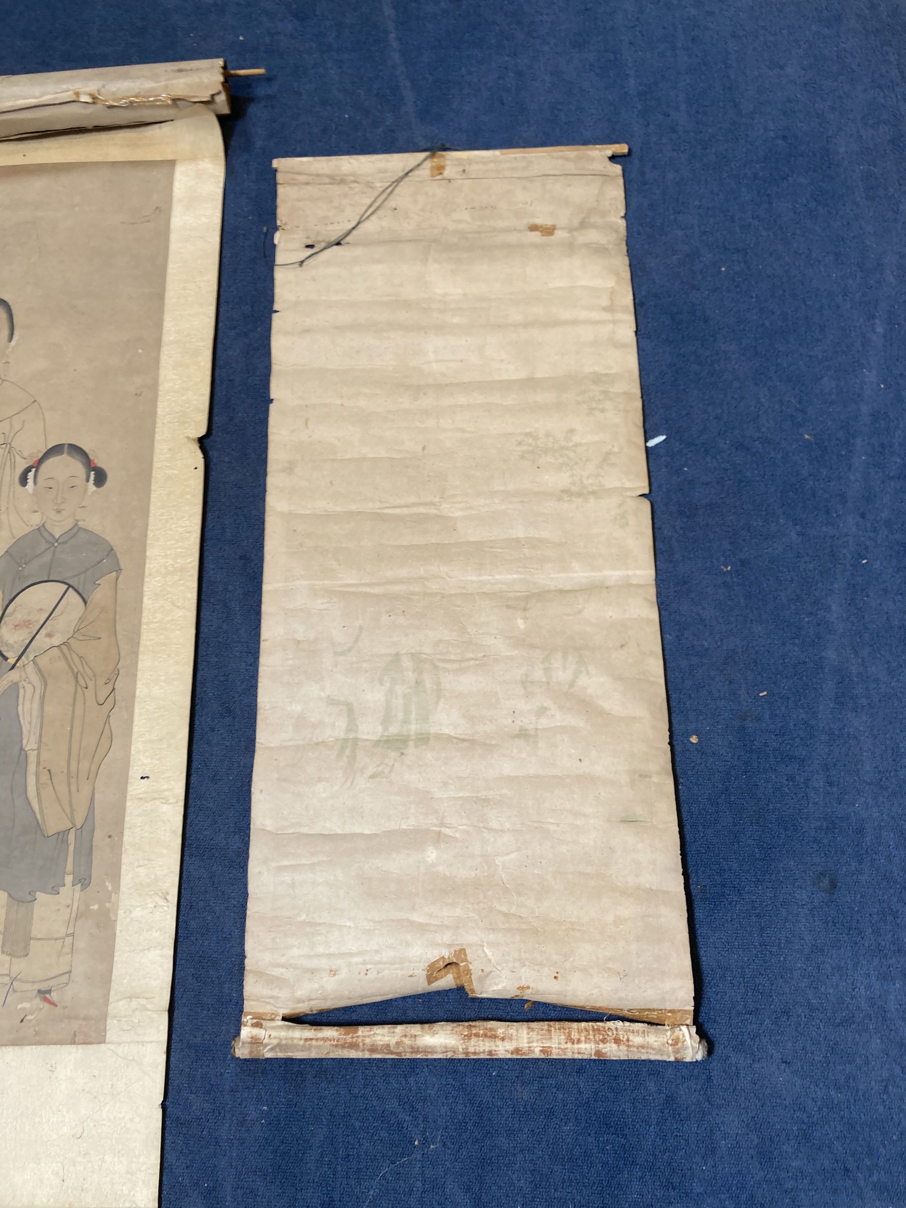 Two Chinese scroll painting on paper of beautiful ladies, late Qing dynasty, image 105 x 47cm and 100 x 38cm some damage